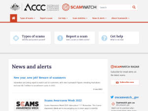 Australian Competition Consumer Commission’s Scamwatch Homepage