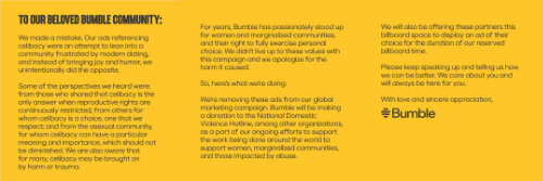 Full Bumble Apology about Celibacy Bill Board Ads